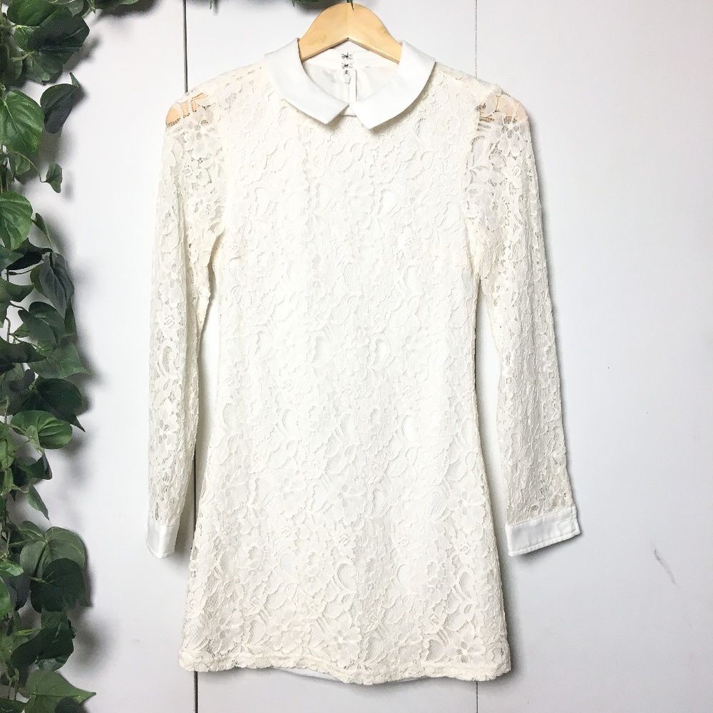 Lace Collar Long Sleeve Mini Dress in Ivory Small